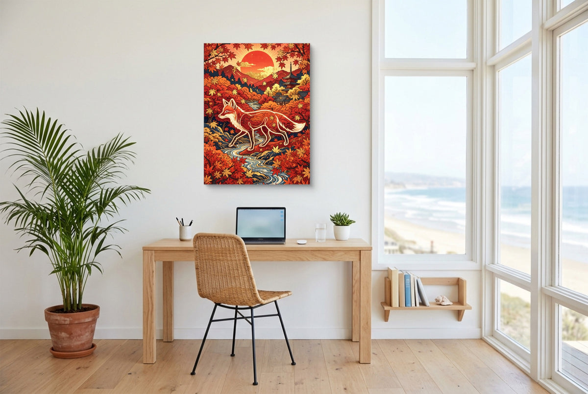 Fox Autumn Sunrise — fox autumn sunrise office space with desk chair 1port flush print