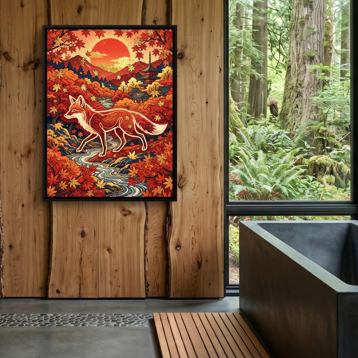 Fox Autumn Sunrise — fox autumn sunrise sq outdoor bathroom log 1port framed black