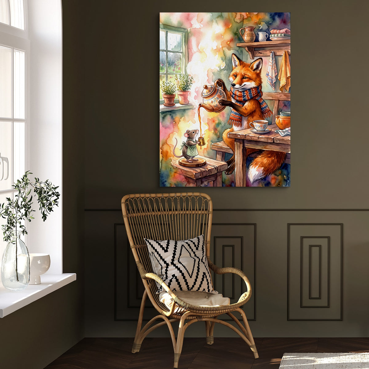 Fox Pouring Tea — fox pouring tea sq window chair wall 1port flush print