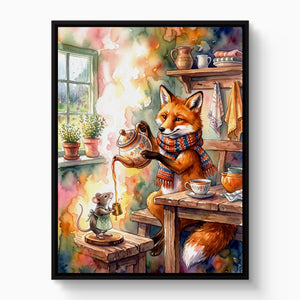 Fox Pouring Tea — fox pouring tea white studio framed black