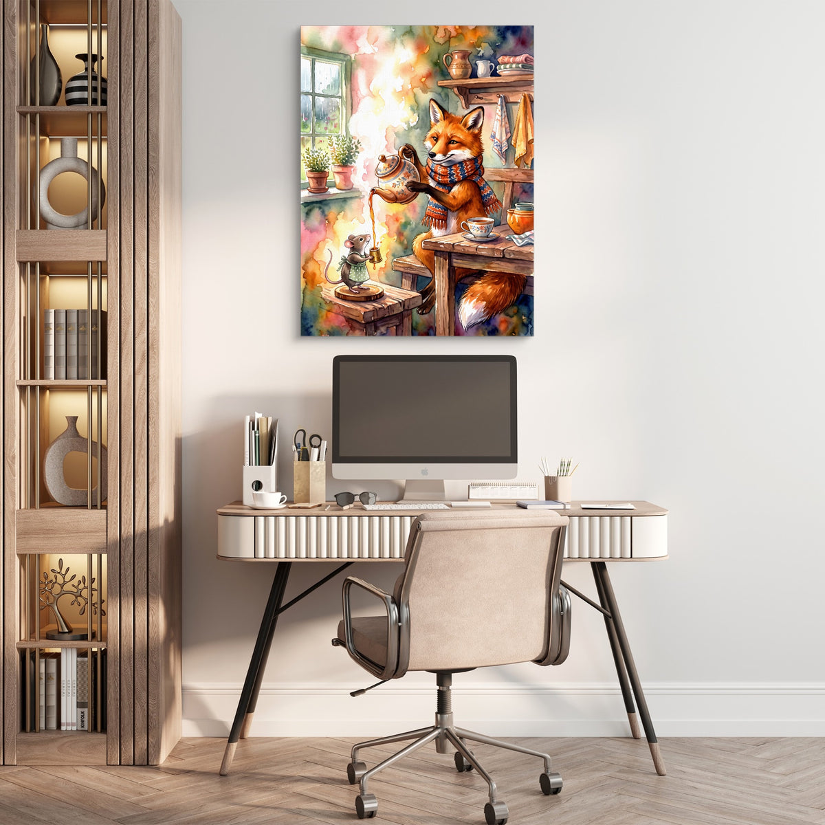 Fox Pouring Tea — fox pouring tea sq beige office 1port flush print