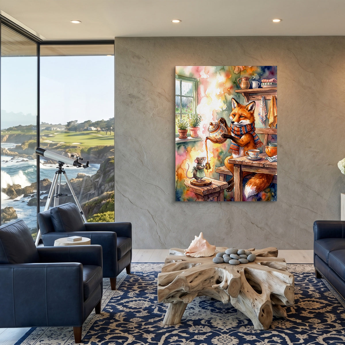Fox Pouring Tea — fox pouring tea sq coastal views 1port flush print