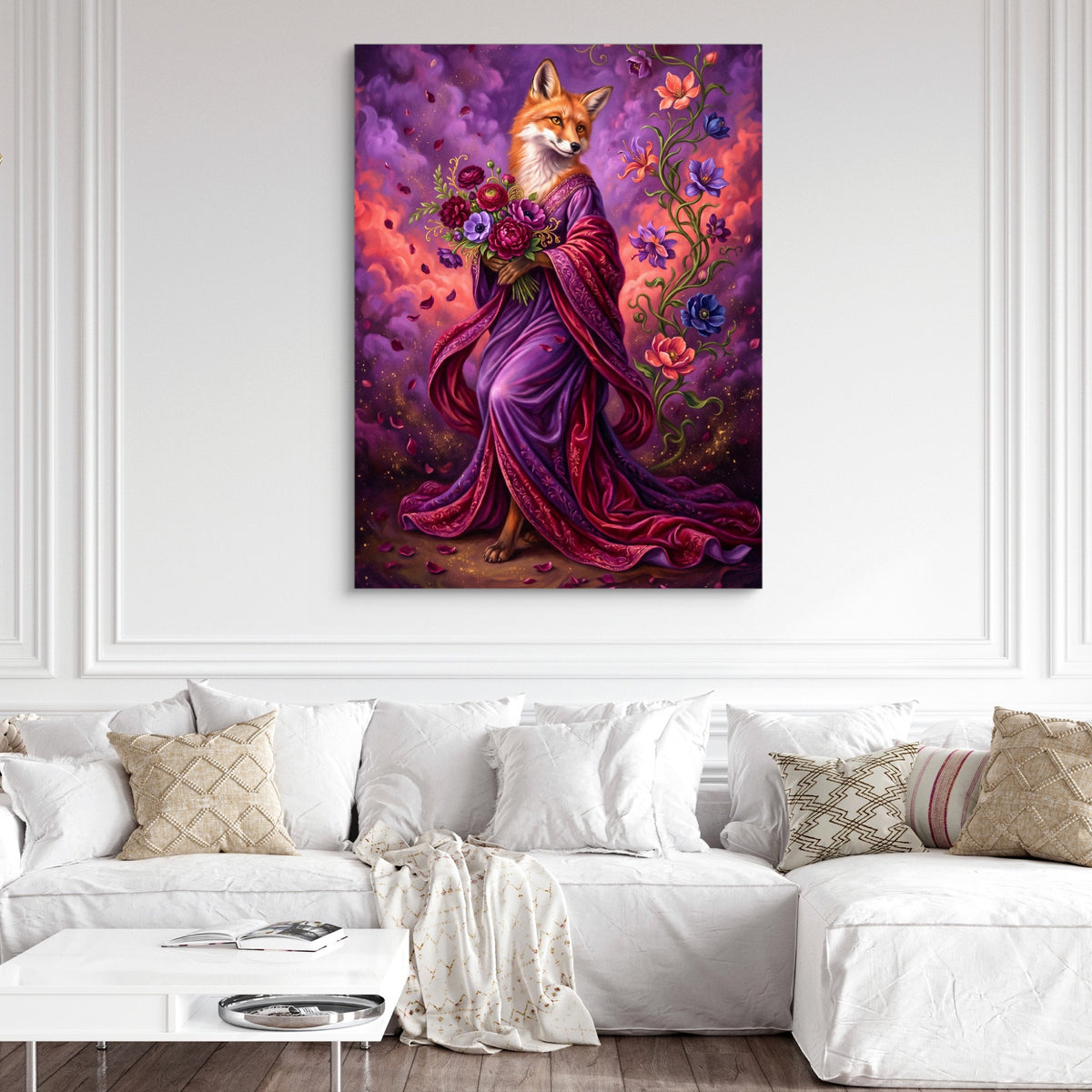 Fox with Bouquet — fox with bouquet sq white couch and wall 1port flush print