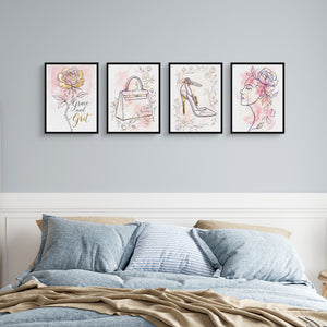 Pink Floral Fashion 4-Piece Set set mockup — framed  SQ Blue Bedroom