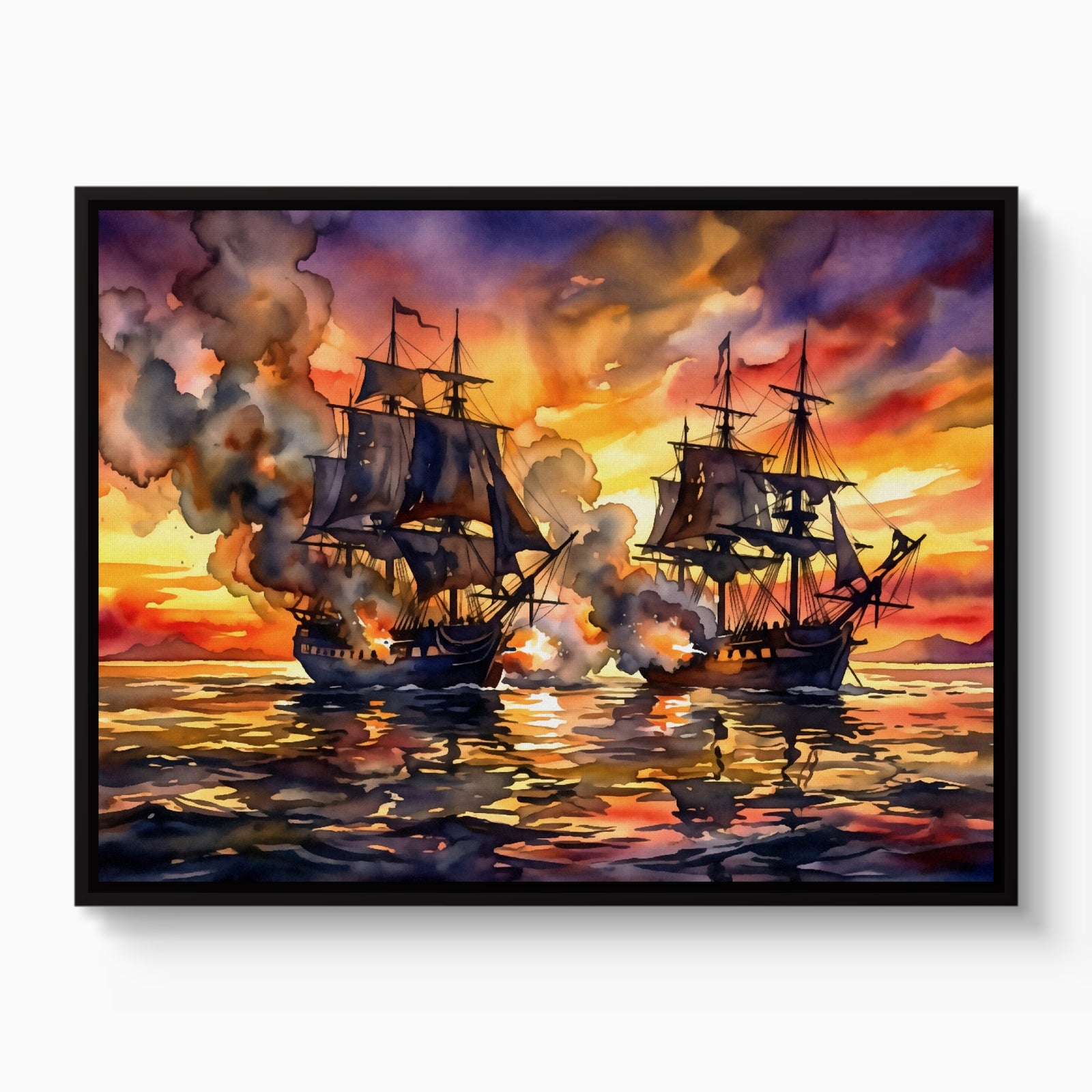 Galleons Sunset Battle — galleons sunset battle white studio framed black