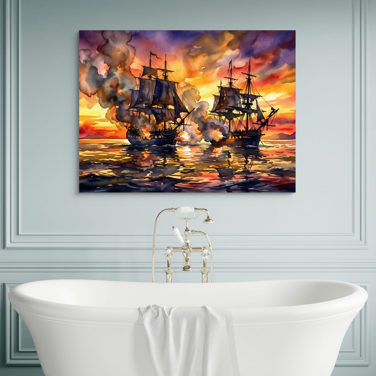 Galleons Sunset Battle — galleons sunset battle sq luxury bathroom wall 1land flush print