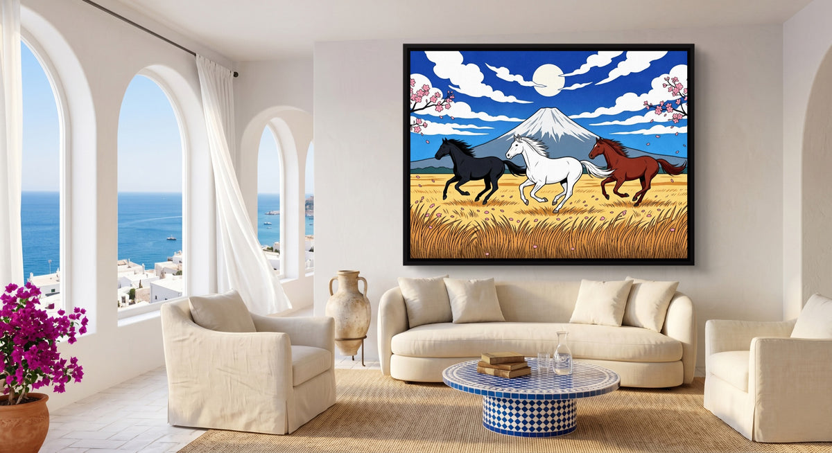 Galloping Horses Fuji Dawn — galloping horses fuji dawn beachside couch livingroom 1land framed black