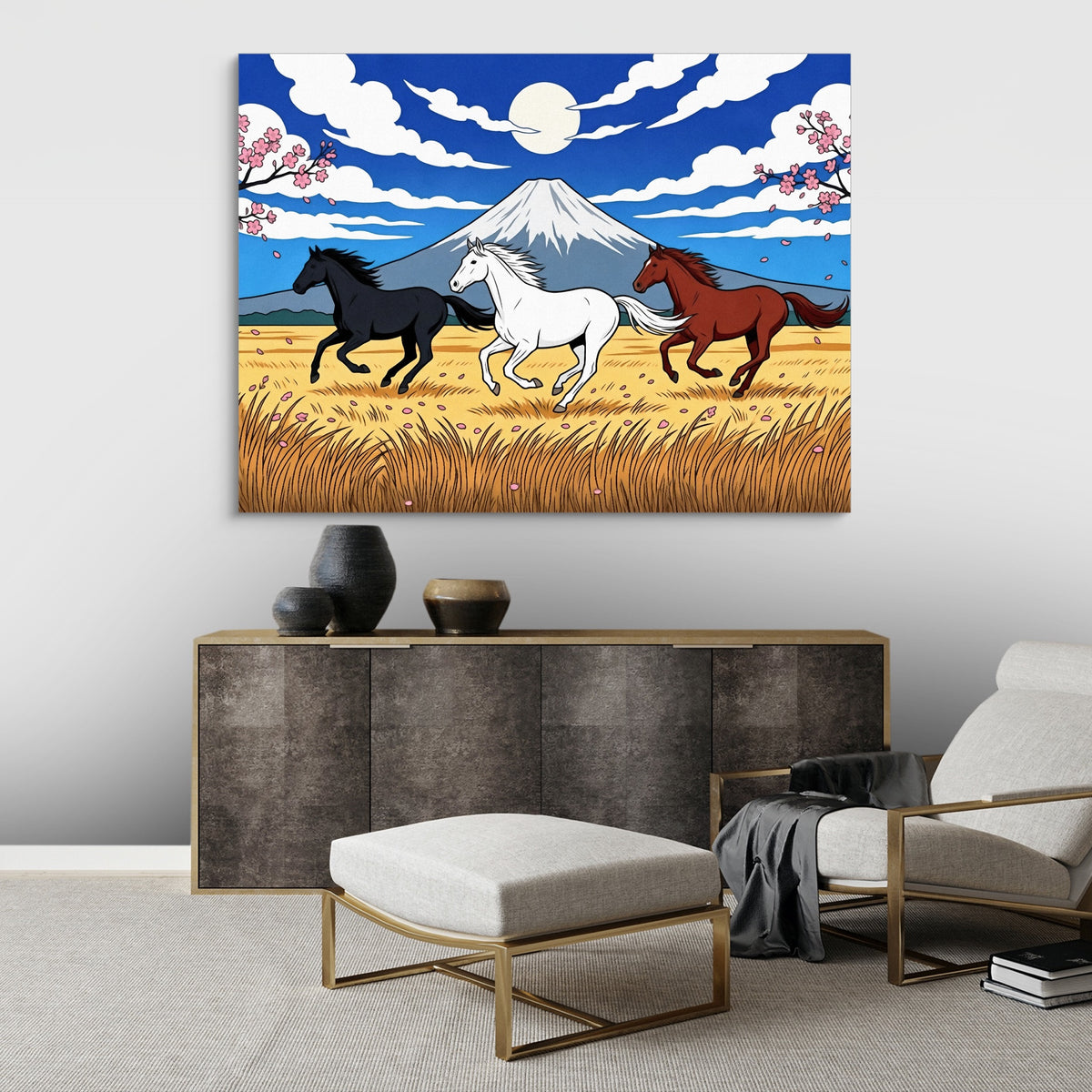 Galloping Horses Fuji Dawn — galloping horses fuji dawn sq best living room land close 1land flush print