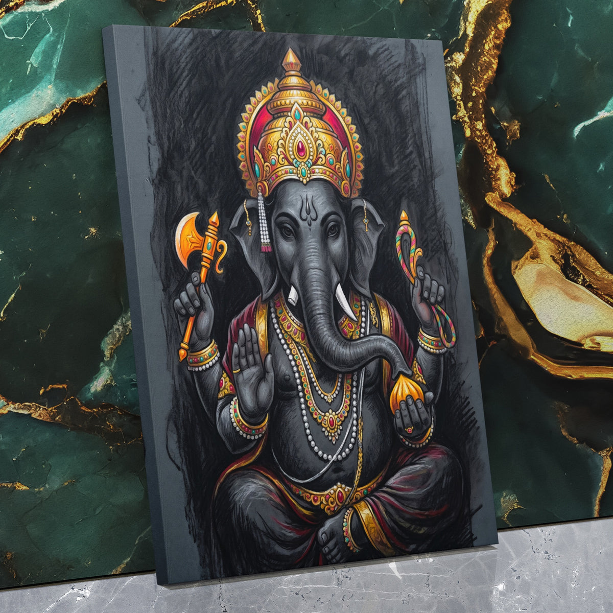 Ganesha Charcoal Crown — Ganesha Charcoal Crown Against Wall   Mirror Wrap V3 21