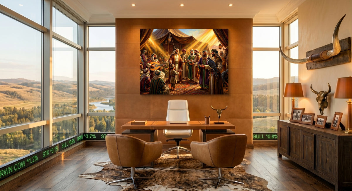 Gathering Golden Light — gathering golden light office with desk and chairs 1land flush print