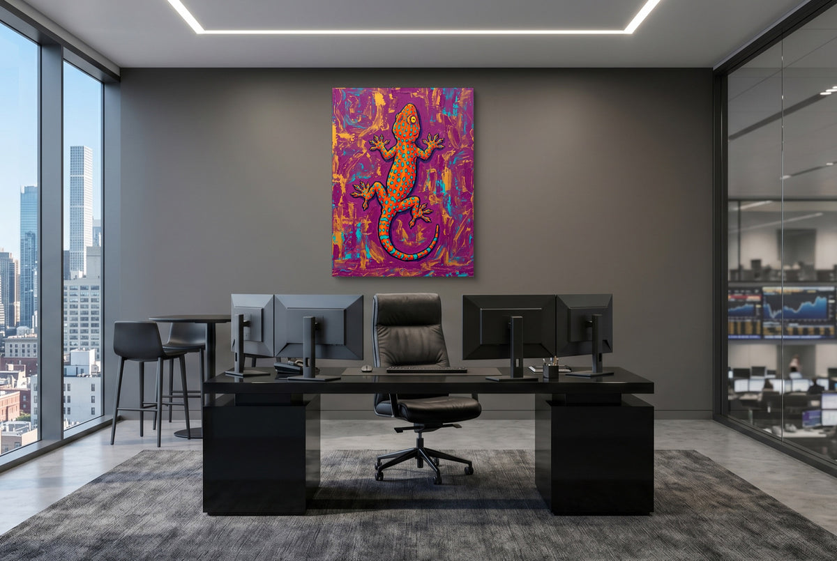 Gecko on Textured Hues — gecko on textured hues office desk with monitors 1port flush print