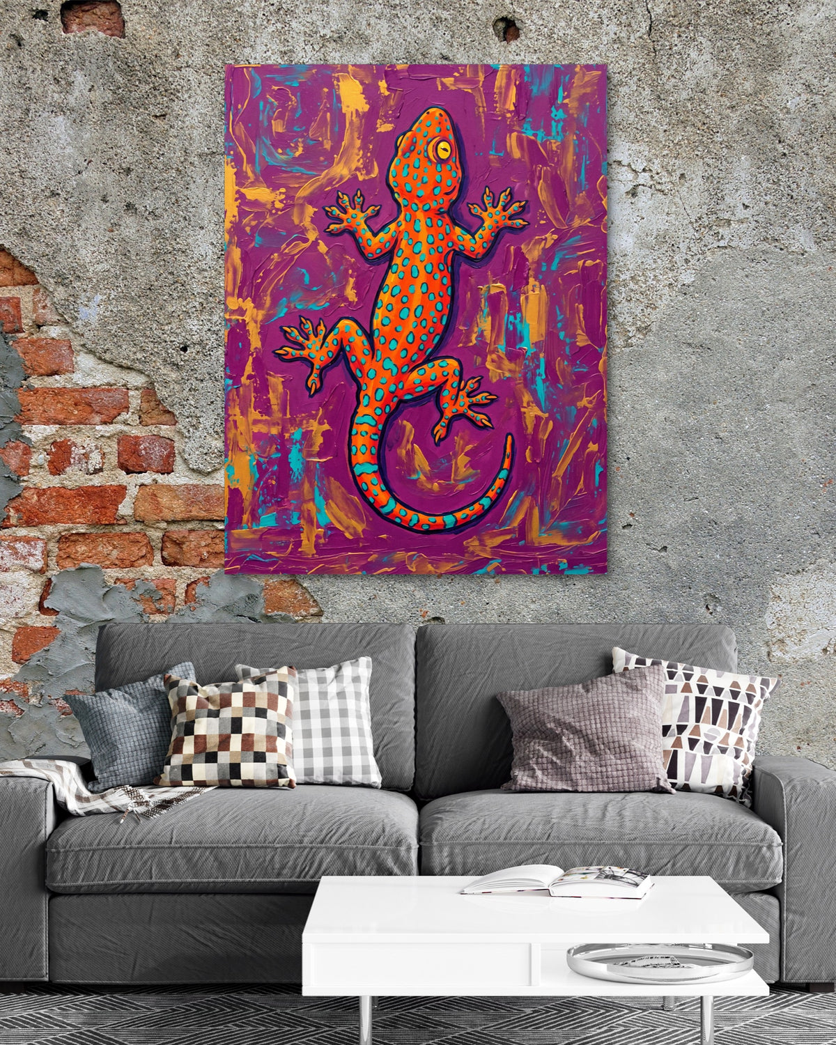 Gecko on Textured Hues — gecko on textured hues psd exposed brick grey couch 1port flush print