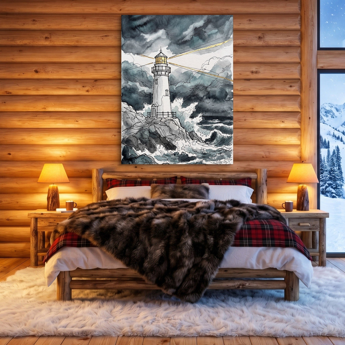 Gilded Line Lighthouse Storm - Luxury Wall Art