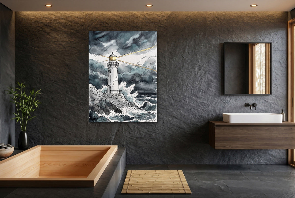 Gilded Line Lighthouse Storm - Luxury Wall Art