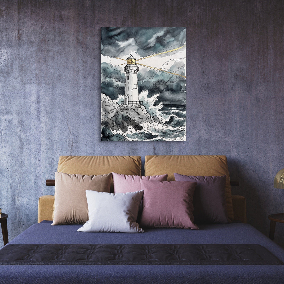 Gilded Line Lighthouse Storm - Luxury Wall Art