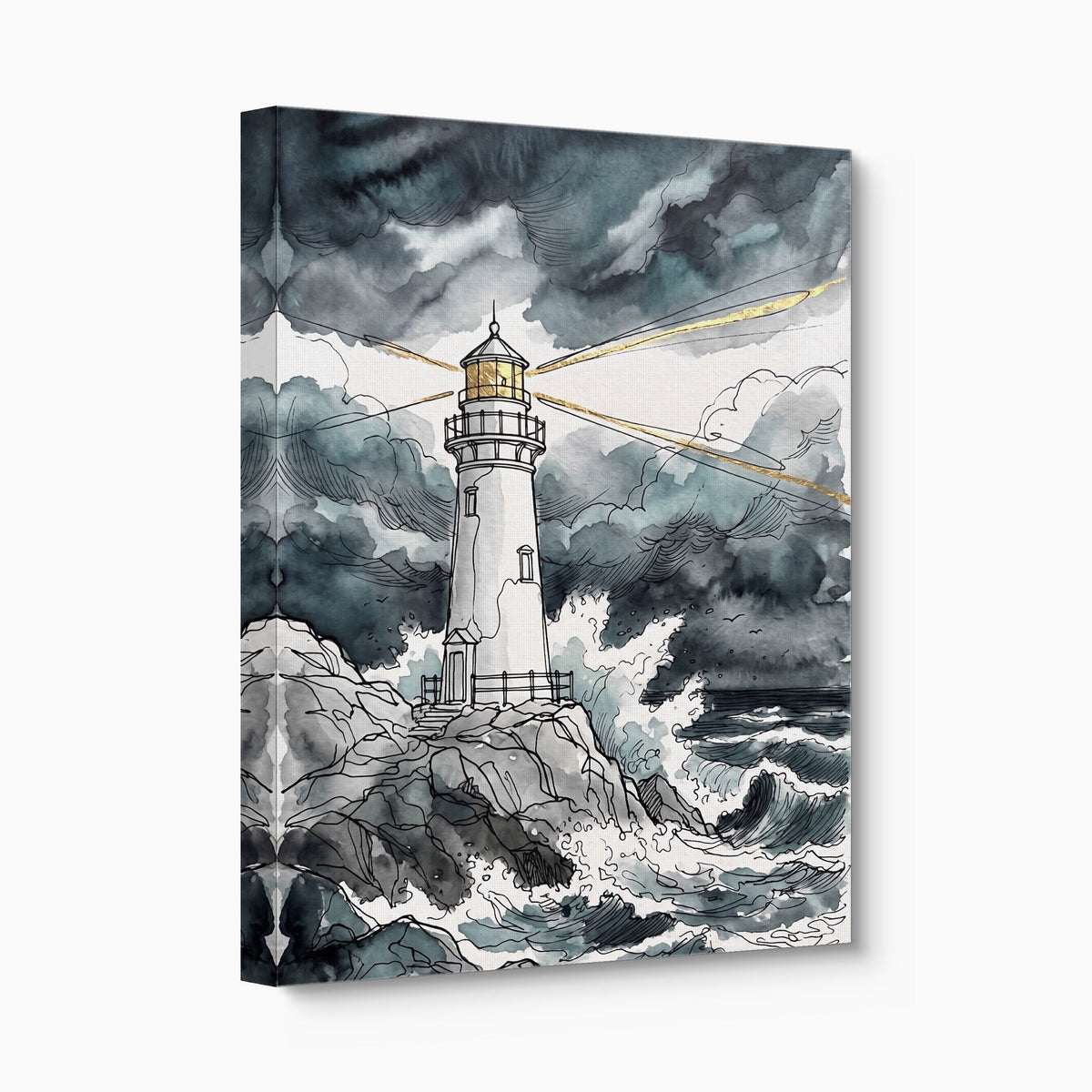 Gilded Line Lighthouse Storm - Luxury Wall Art