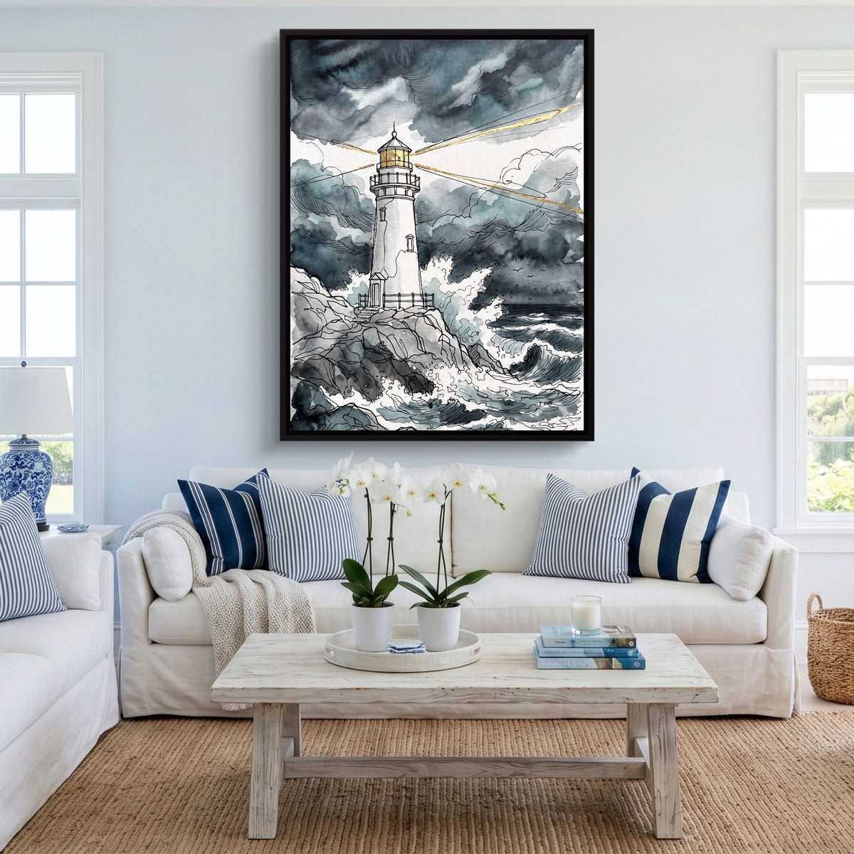 Gilded Line Lighthouse Storm - Luxury Wall Art