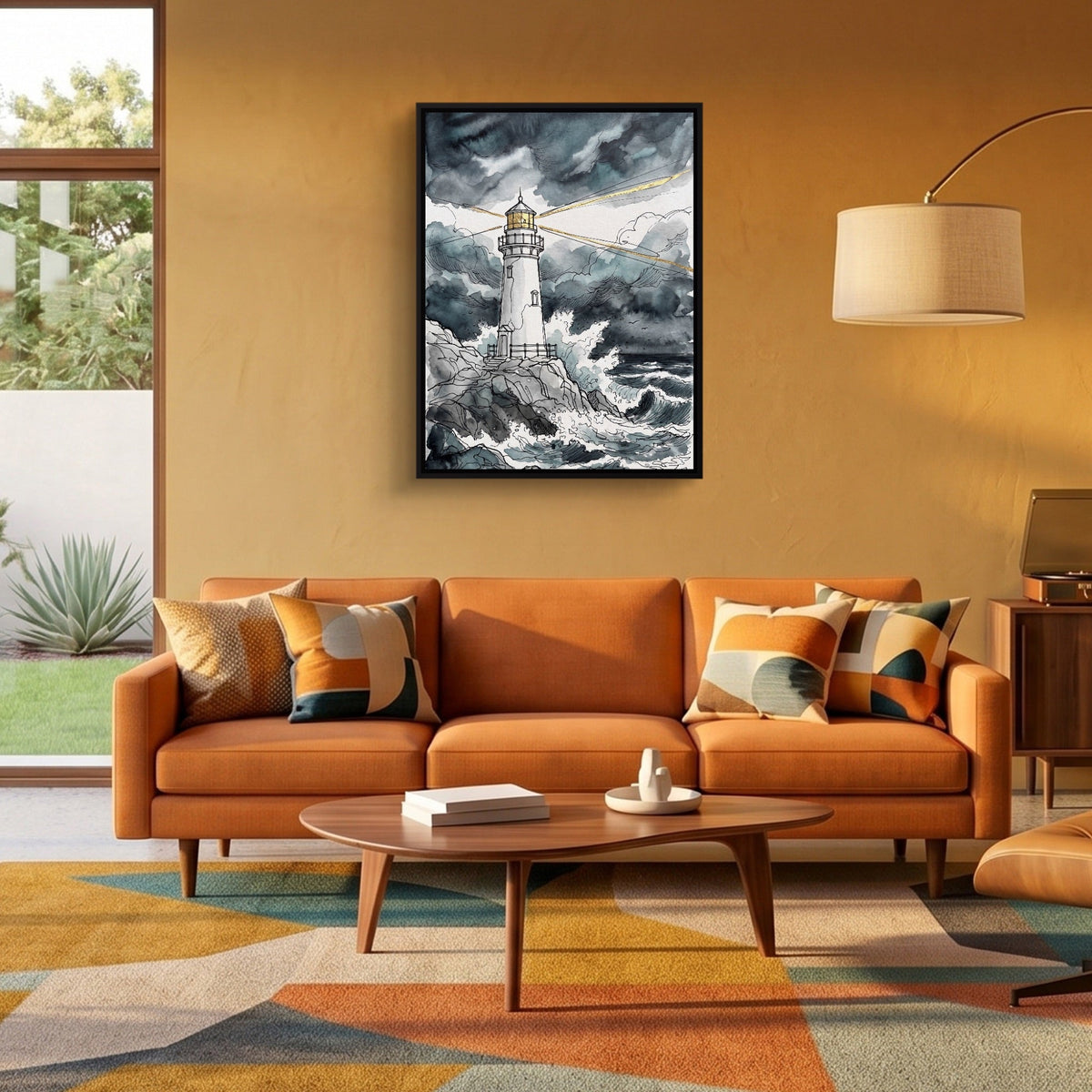 Gilded Line Lighthouse Storm - Luxury Wall Art
