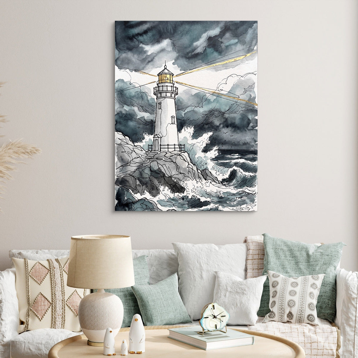 Gilded Line Lighthouse Storm - Luxury Wall Art