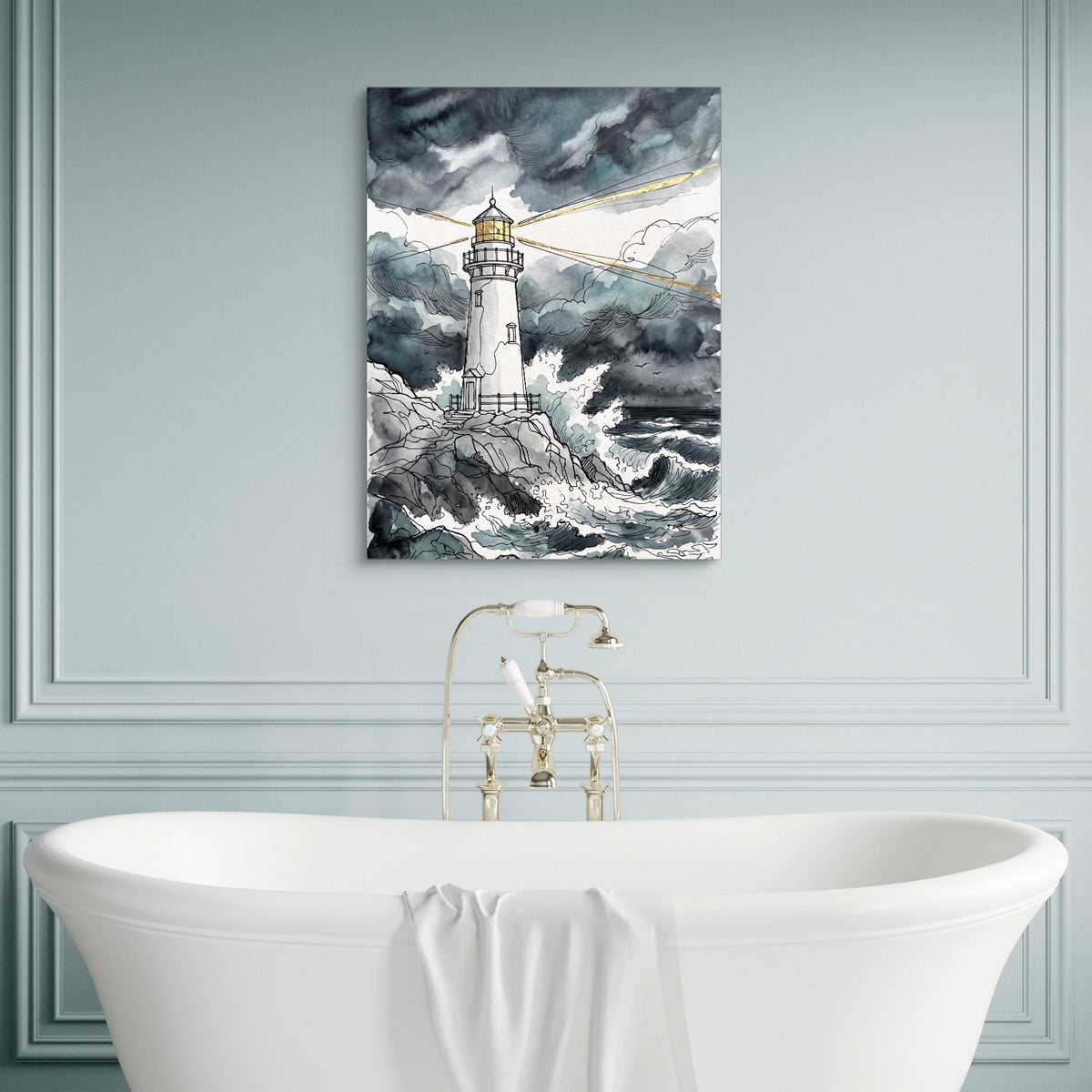 Gilded Line Lighthouse Storm - Luxury Wall Art