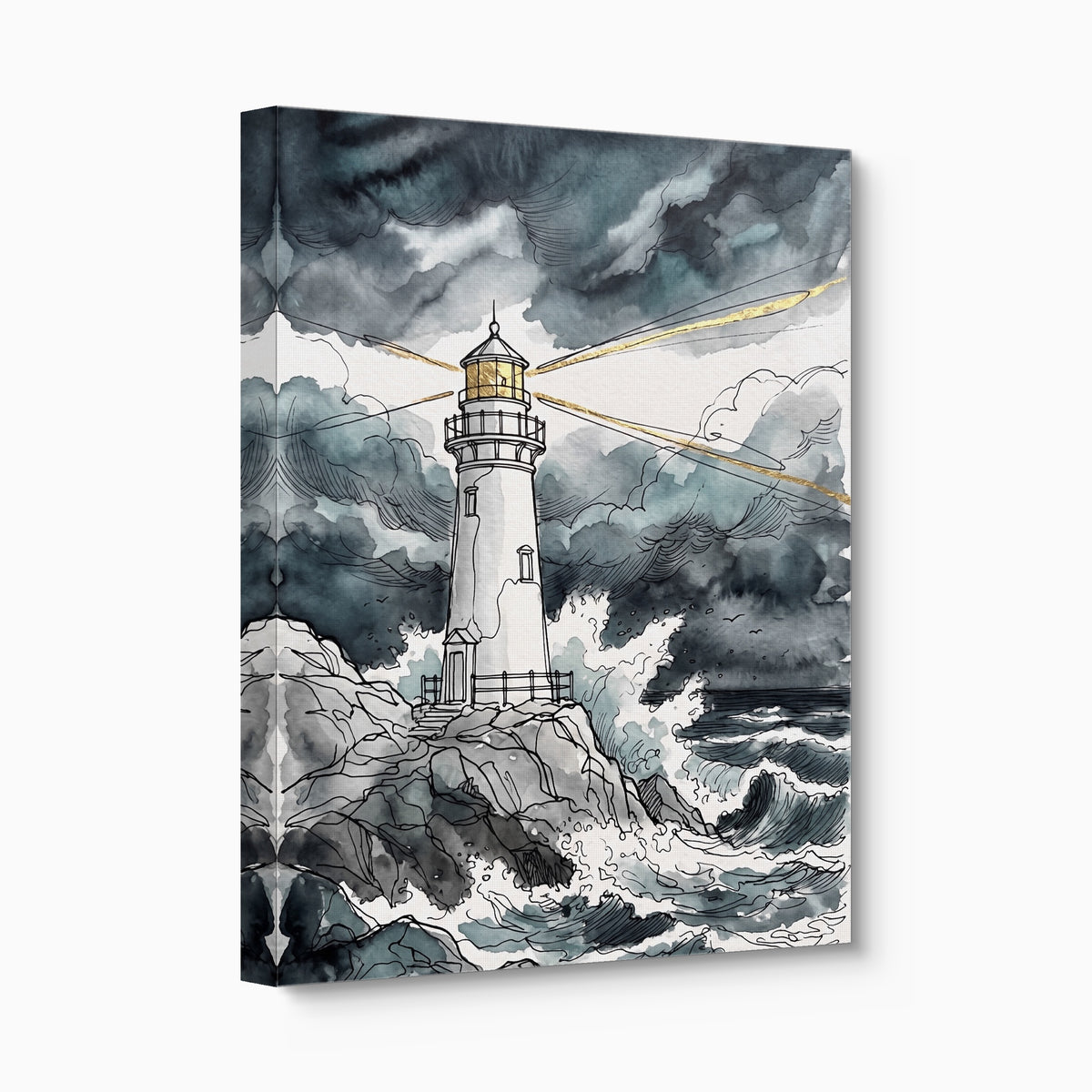 Gilded Line Lighthouse Storm — gilded line lighthouse storm angled flush print