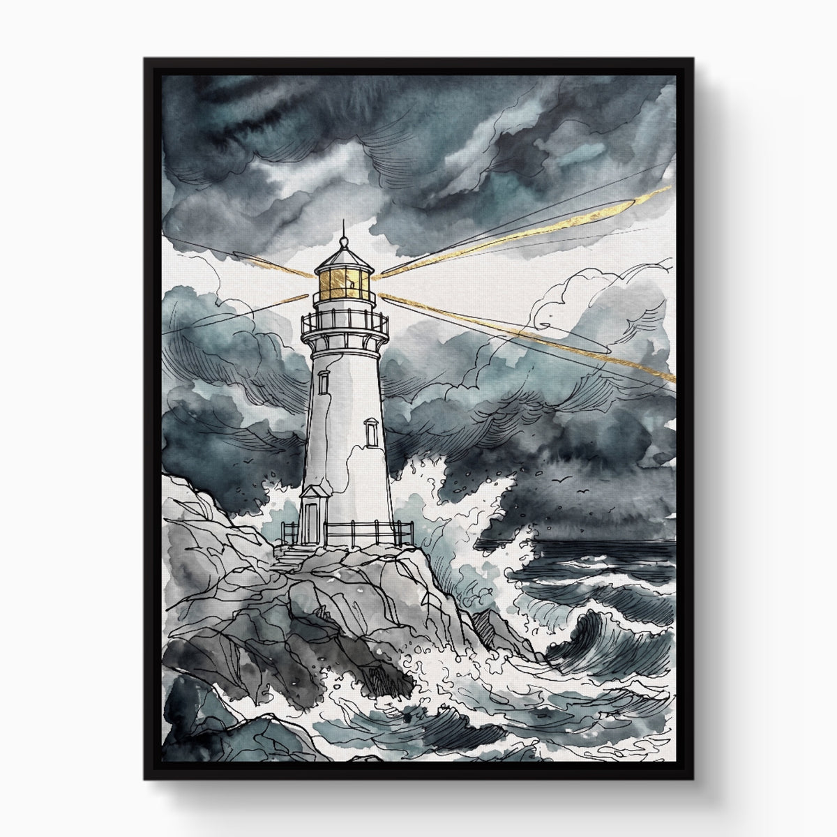 Gilded Line Lighthouse Storm — gilded line lighthouse storm white studio framed black