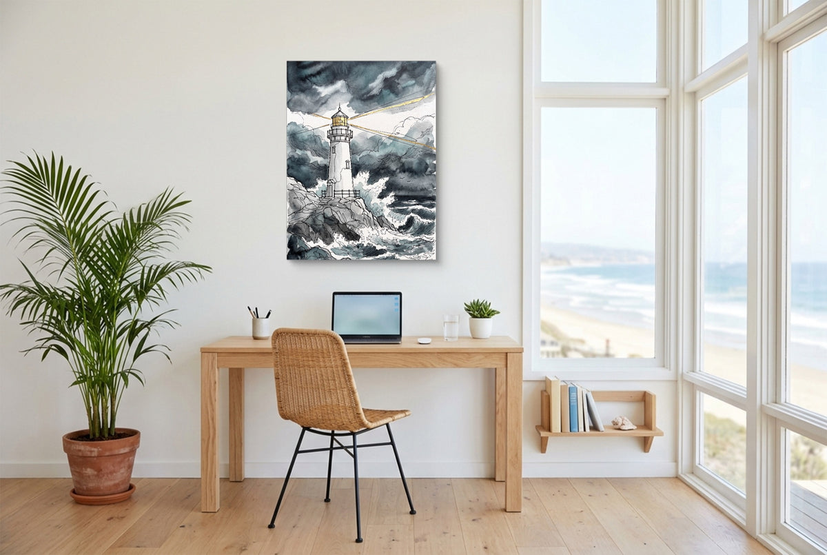 Gilded Line Lighthouse Storm — gilded line lighthouse storm office space with desk chair 1port flush print