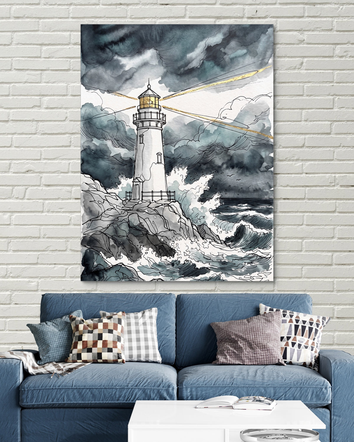 Gilded Line Lighthouse Storm — gilded line lighthouse storm psd white bricks blue couch 1port flush print