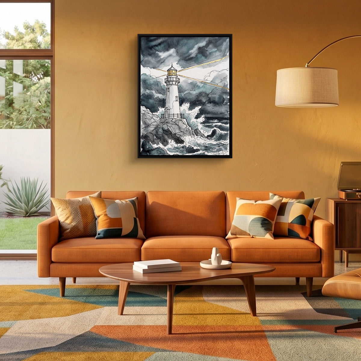 Gilded Line Lighthouse Storm — gilded line lighthouse storm sq orange room 2 1port framed black