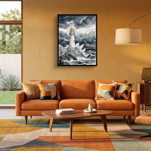 Gilded Line Lighthouse Storm — gilded line lighthouse storm sq orange room 2 1port framed black