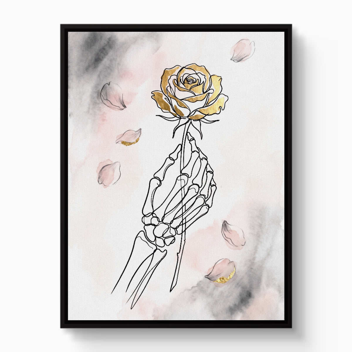Gilded Skeleton Hand Rose Minimal — gilded skeleton hand rose minimal white studio framed black