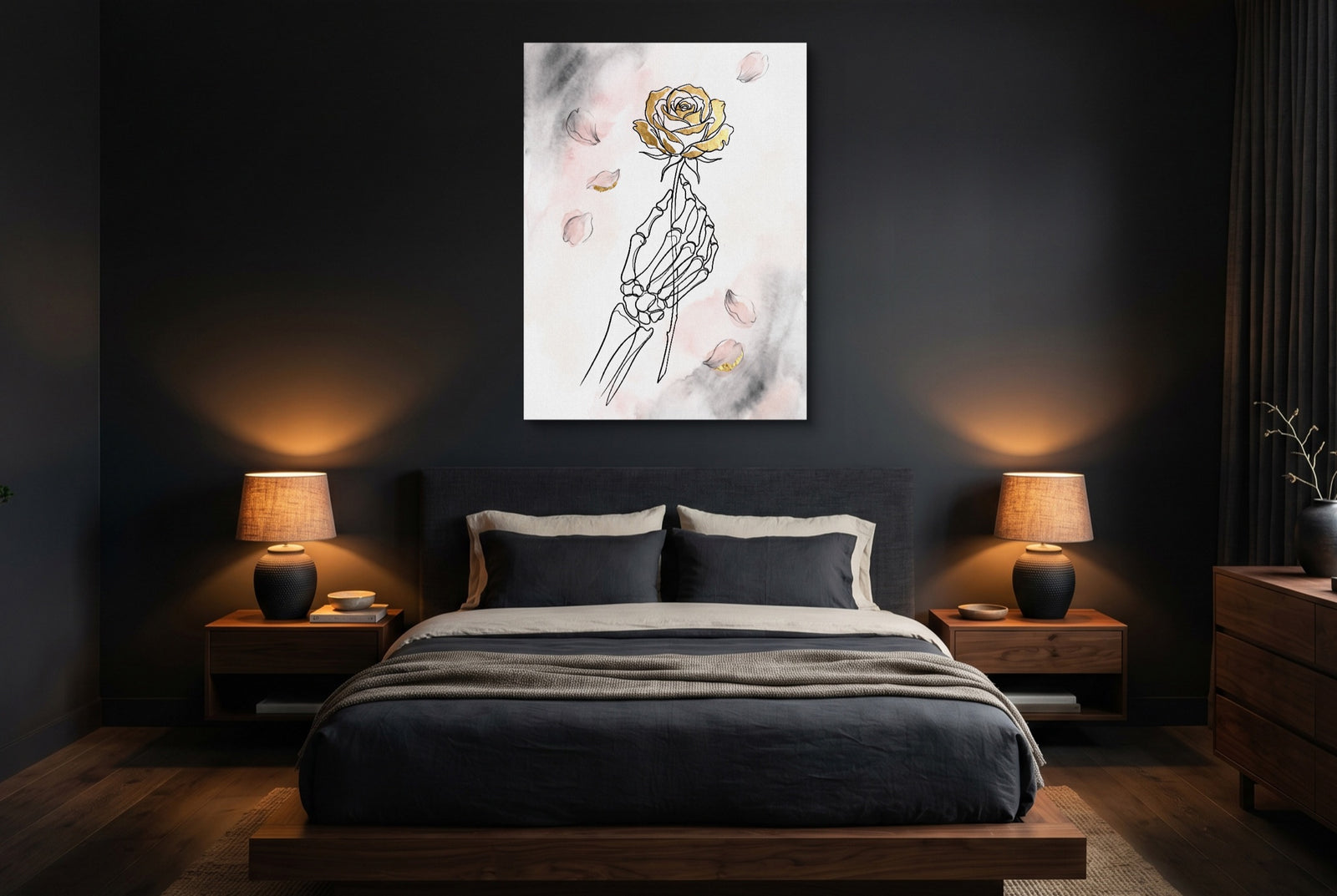 Gilded Skeleton Hand Rose Minimal — gilded skeleton hand rose minimal white studio framed black