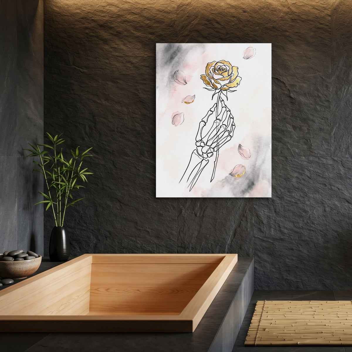 Gilded Skeleton Hand Rose Minimal — gilded skeleton hand rose minimal sq bamboo bathroom 1port flush print
