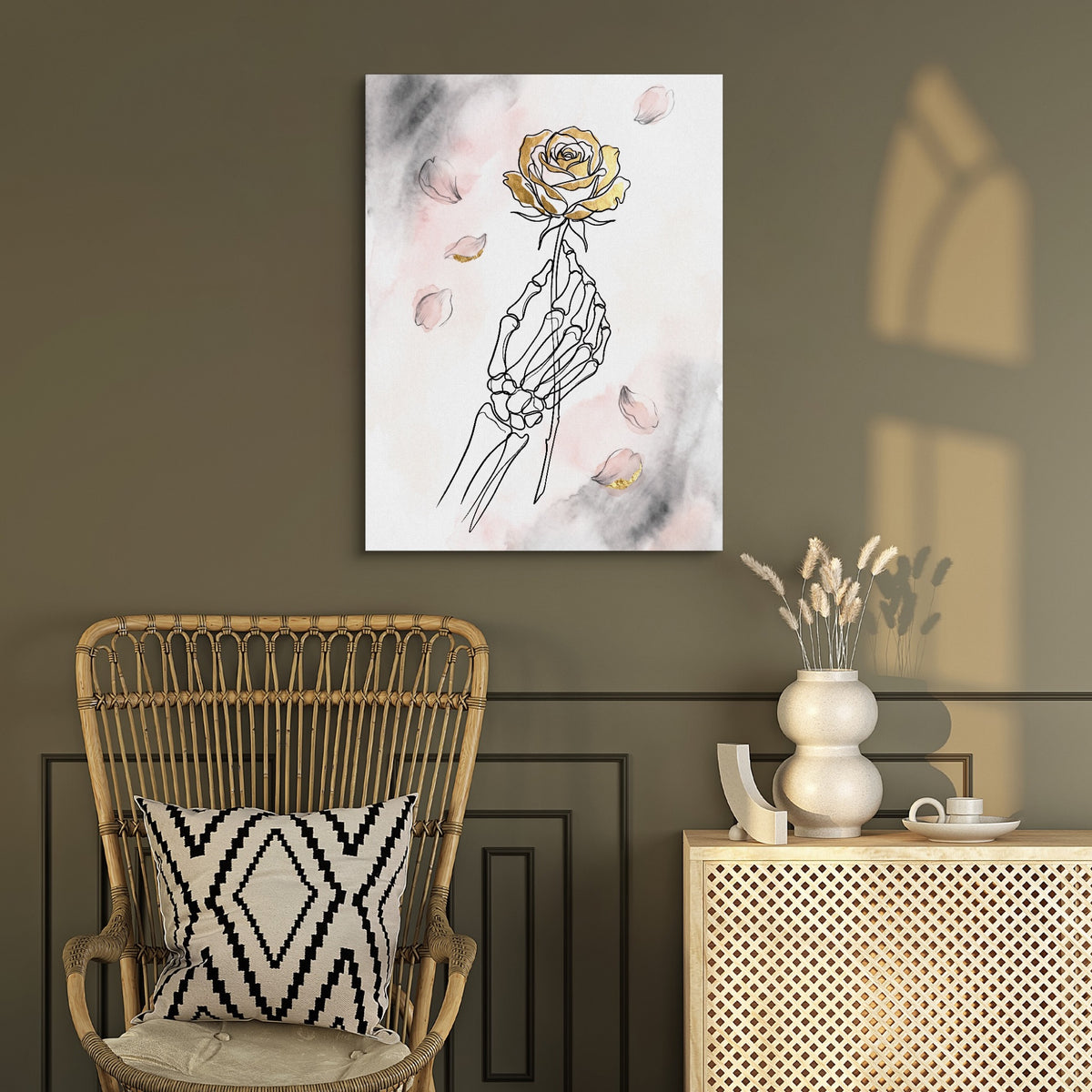 Gilded Skeleton Hand Rose Minimal — gilded skeleton hand rose minimal sq chair wall v2 1port flush print