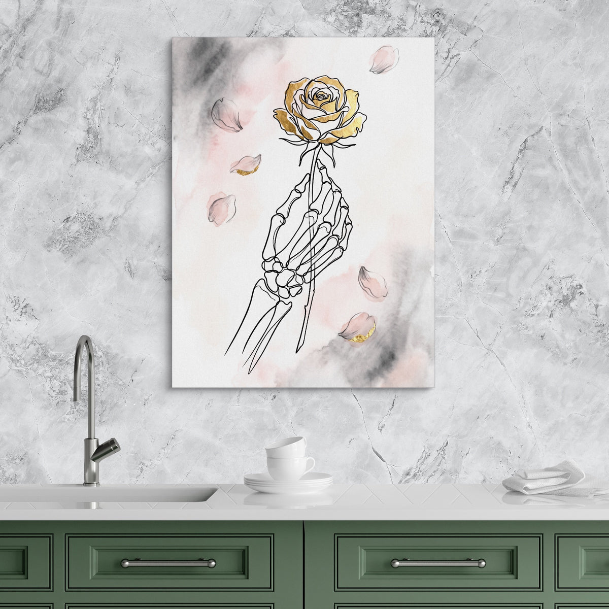 Gilded Skeleton Hand Rose Minimal — gilded skeleton hand rose minimal sq kitchen granite purple 1port flush print