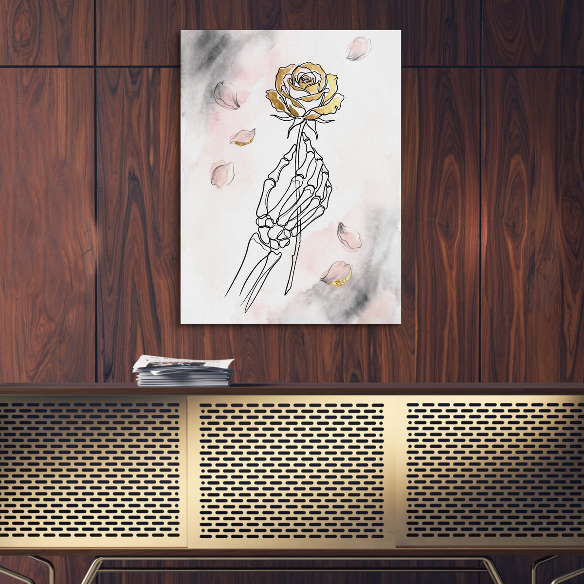 Gilded Skeleton Hand Rose Minimal — gilded skeleton hand rose minimal sq luxury wood wall close 1port flush print