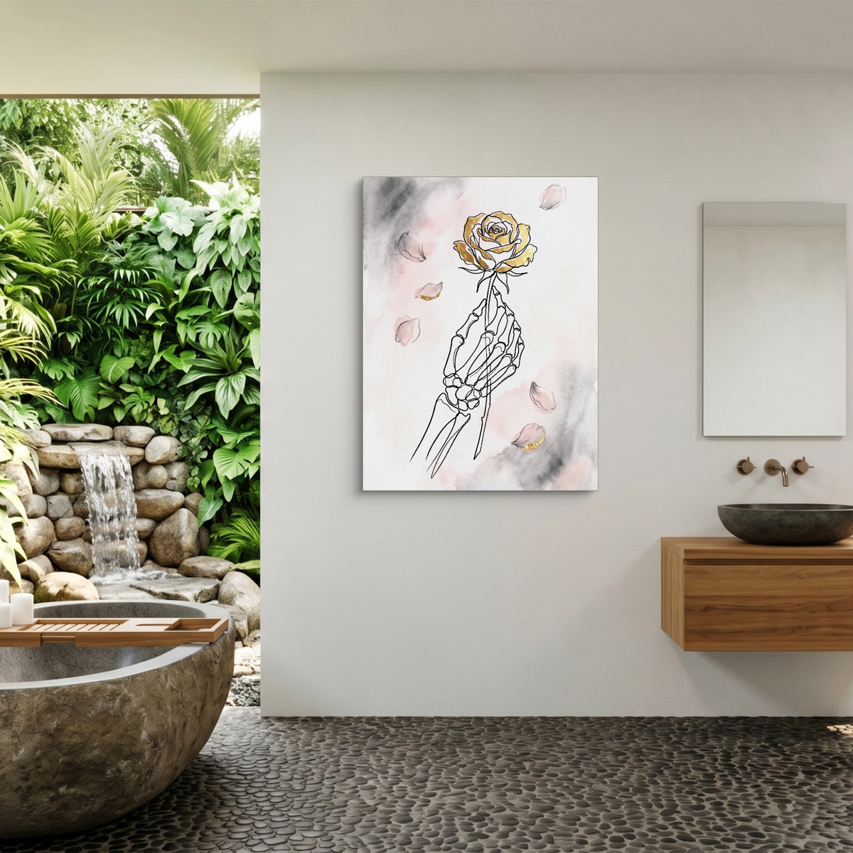Gilded Skeleton Hand Rose Minimal — gilded skeleton hand rose minimal sq outdoor bathroom 1port flush print