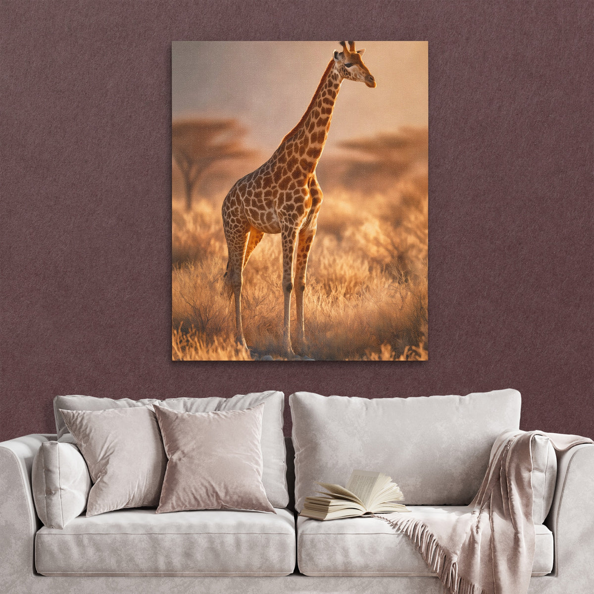 Giraffe Dawn Solitude — Giraffe Dawn Solitude Reading Couch Burgundy Walls copy 306