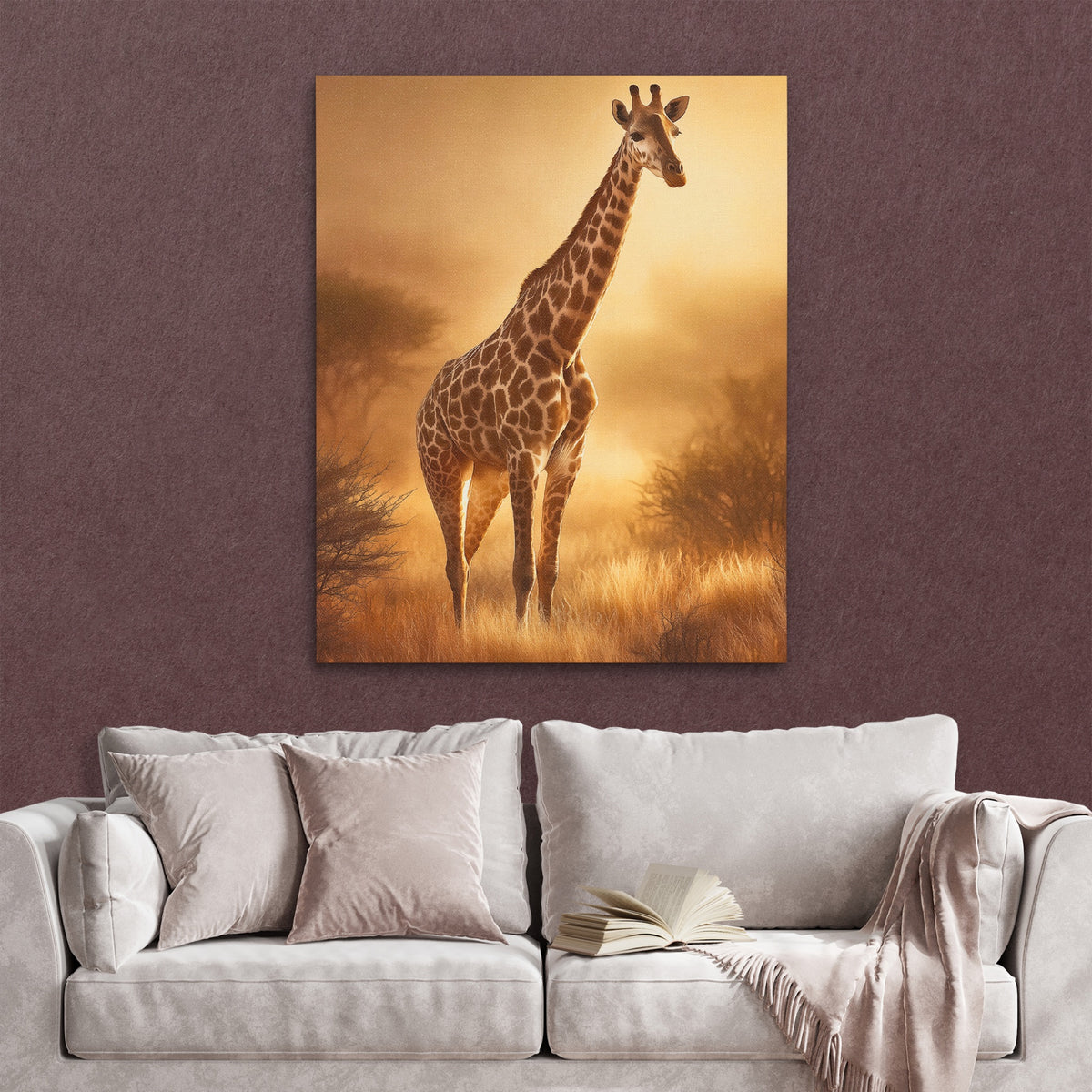 Giraffe Golden Savanna — Giraffe Golden Savanna Reading Couch Burgundy Walls copy 308