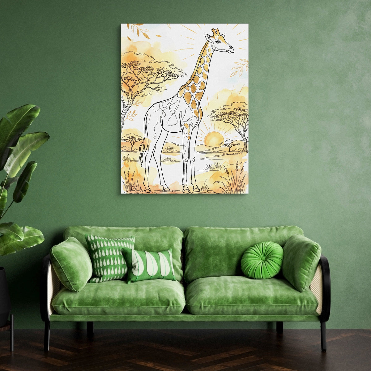 Giraffe Golden Sunrise — giraffe golden sunrise sq green couch 1port flush print