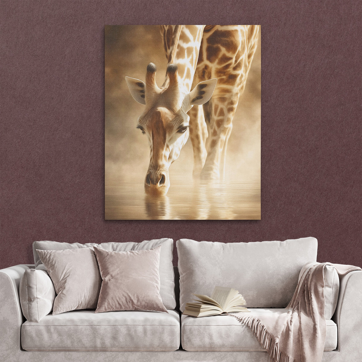 Giraffe Waterhole Drinking — Giraffe Waterhole Drinking Reading Couch Burgundy Walls copy 310