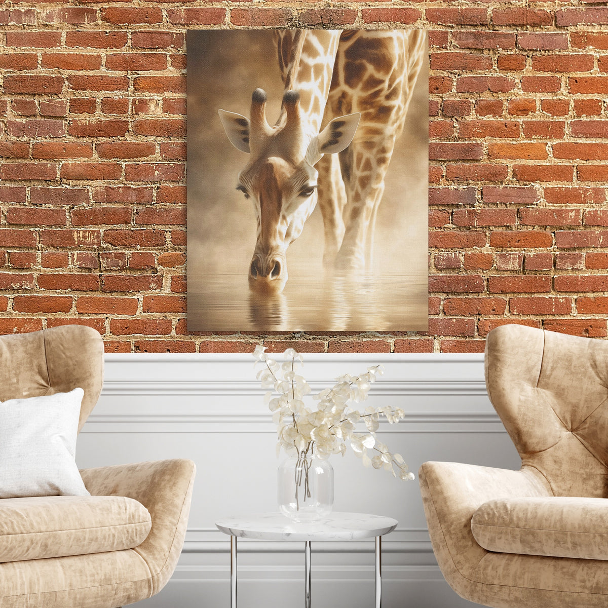 Giraffe Waterhole Drinking — Giraffe Waterhole Drinking Two Chairs and Brick Wall 334