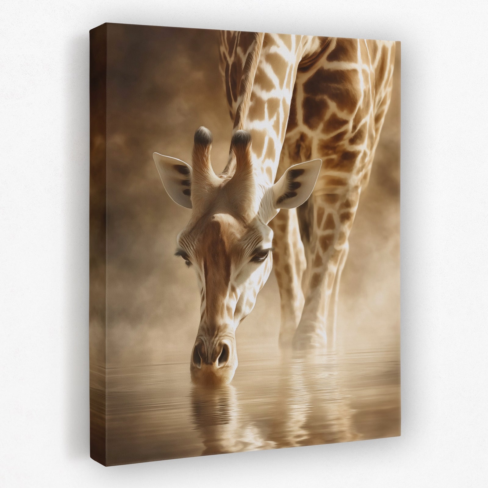 Giraffe Waterhole Drinking canvas wall art