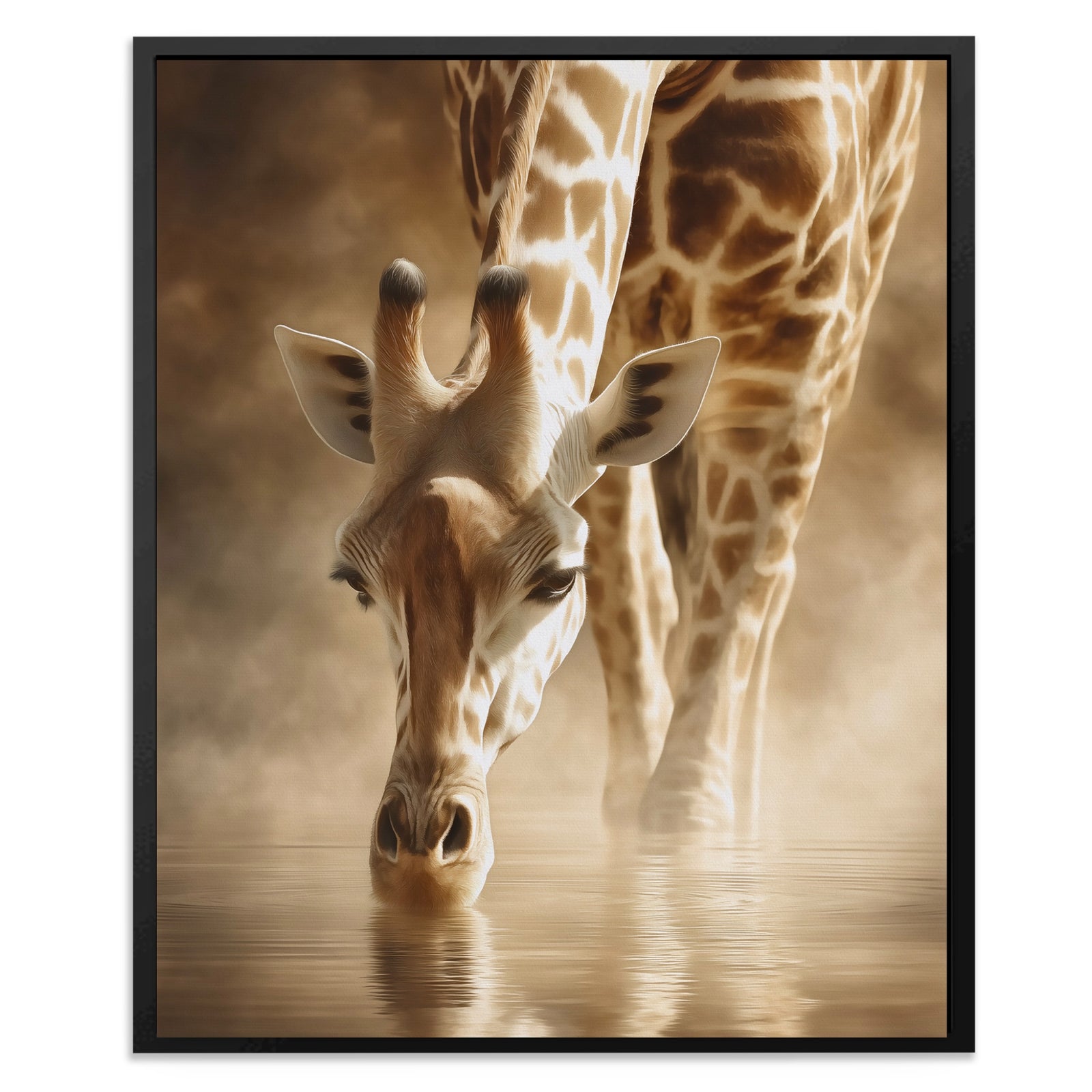 Giraffe Waterhole Drinking canvas wall art