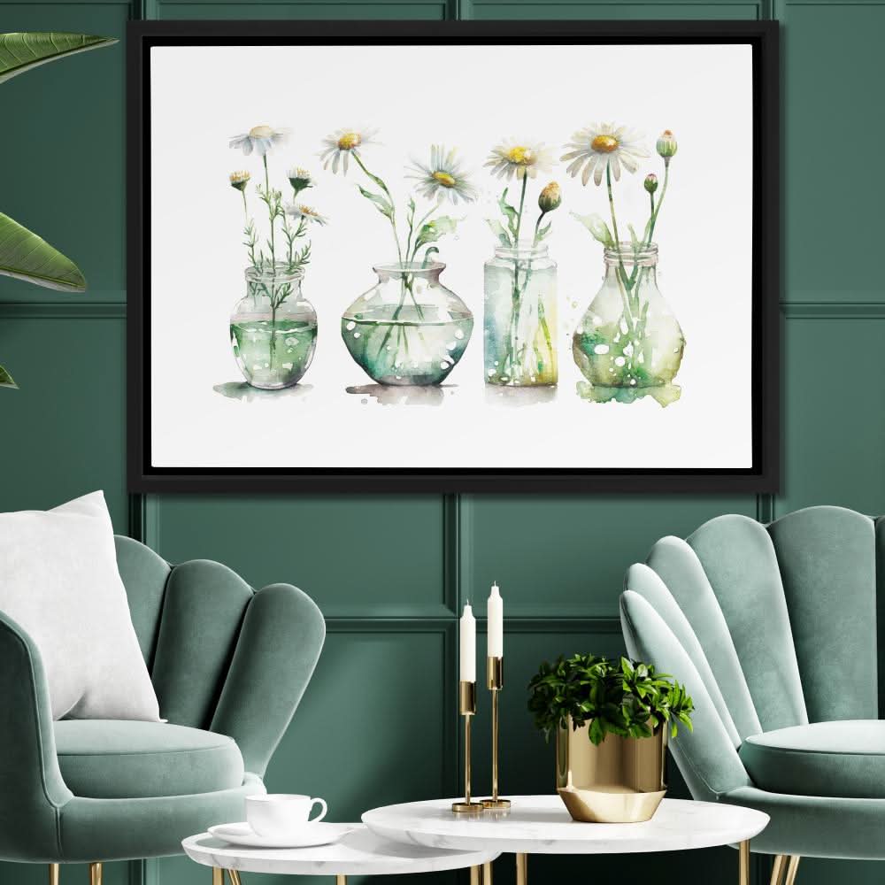 Glass Vases Daisies - Watercolor Wall Art in Black Frame