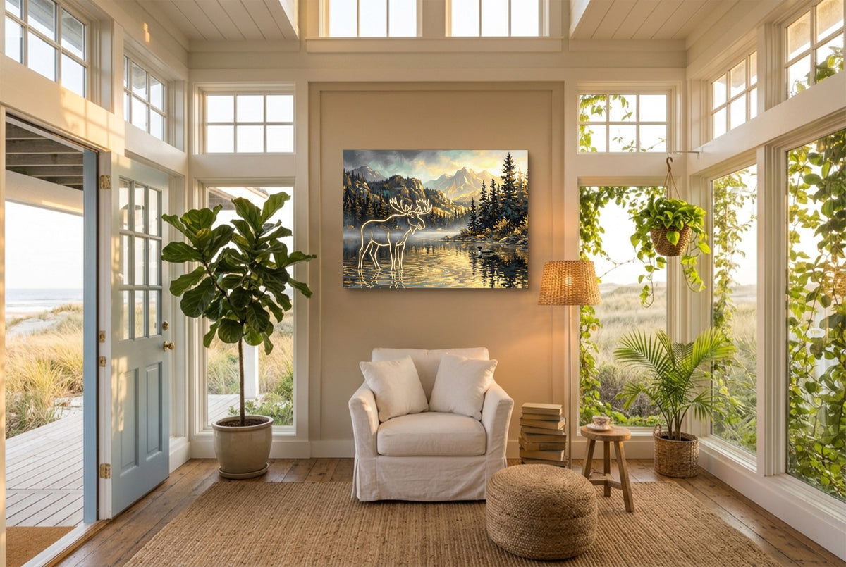Glowing Moose Lake — glowing moose lake living room with plants 1land flush print
