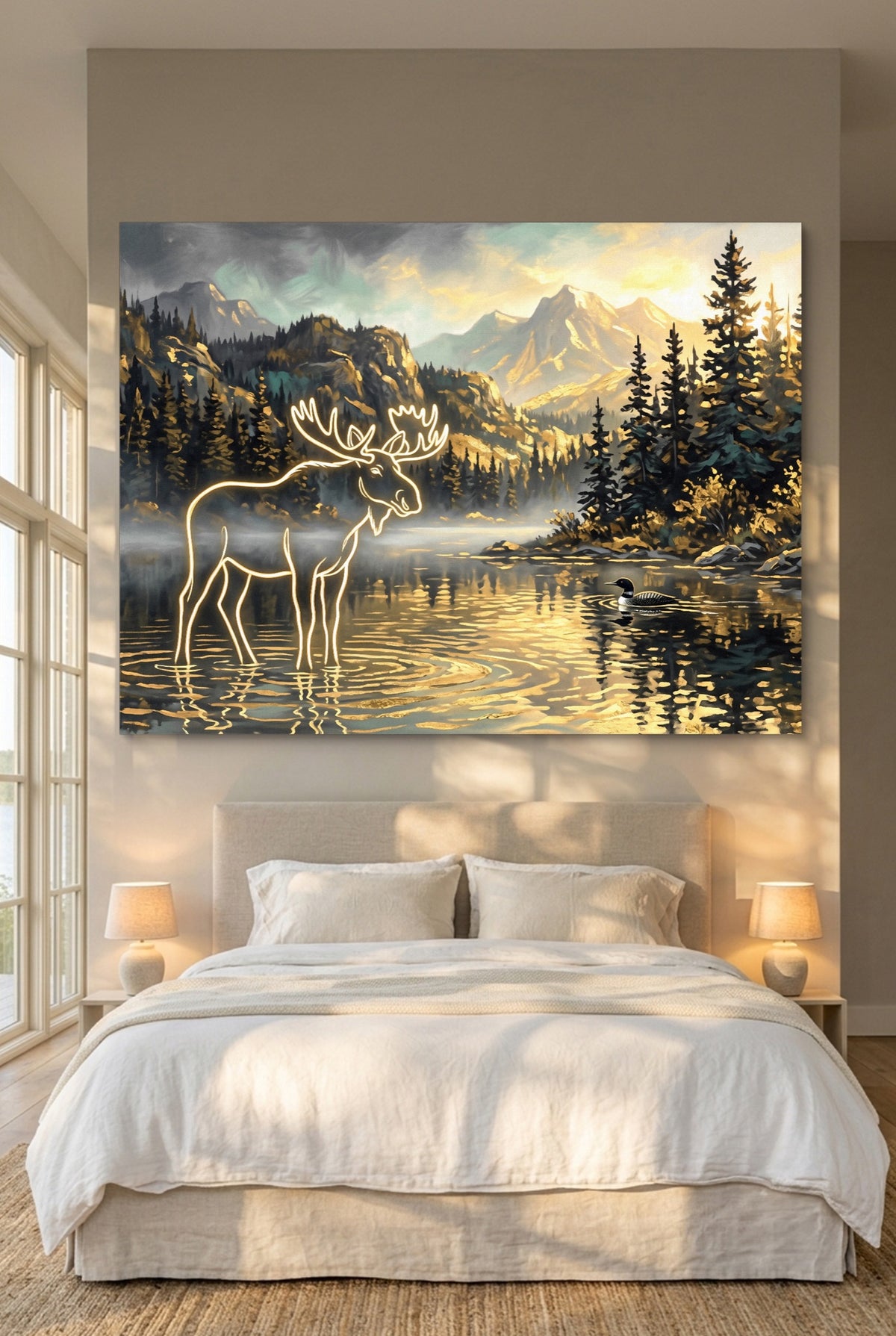Glowing Moose Lake — glowing moose lake p bedroom with window 1land flush print