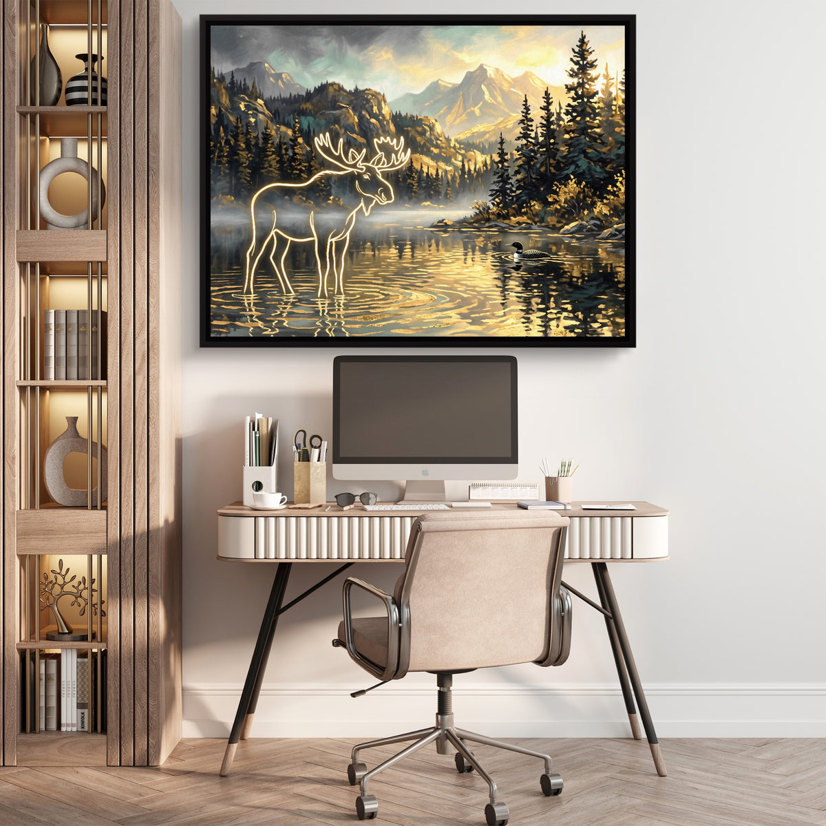 Glowing Moose Lake — glowing moose lake sq beige office 1land framed black