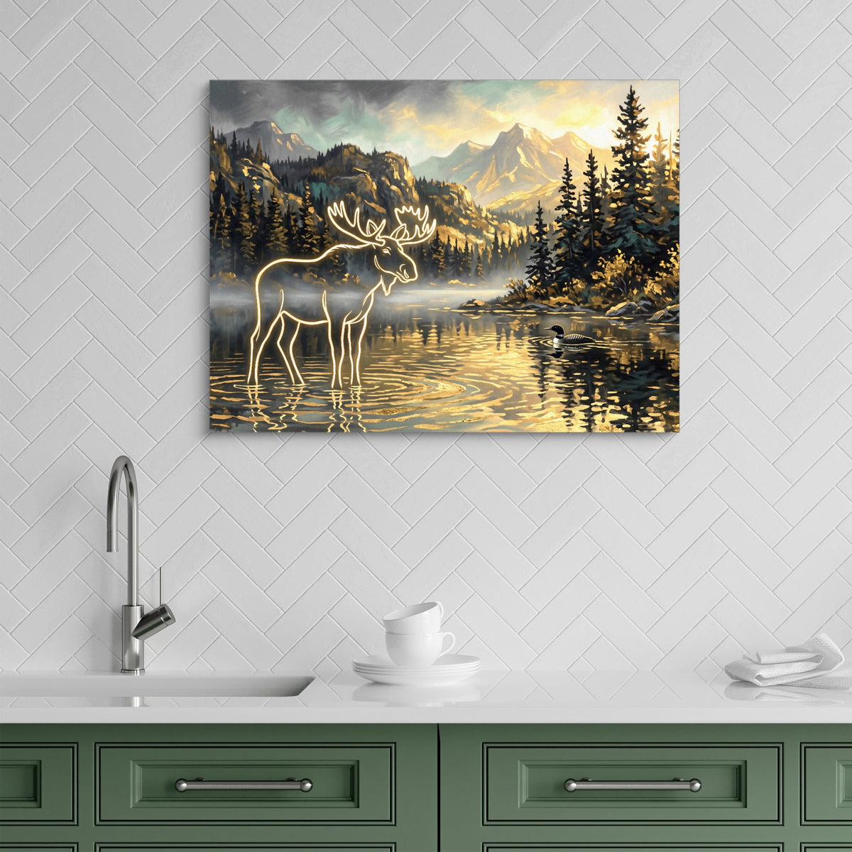 Glowing Moose Lake — glowing moose lake sq green kitchen 1land flush print