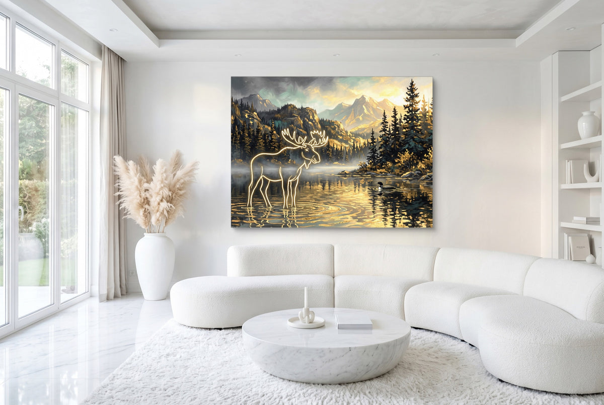 Glowing Moose Lake — glowing moose lake white room with furniture 1land flush print